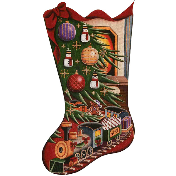 Trains Under the Tree Hand Painted Stocking Canvas from Rebecca Wood