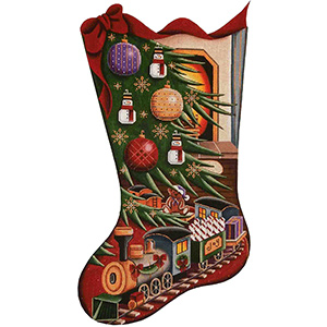 Trains Under the Tree Hand Painted Stocking Canvas from Rebecca Wood