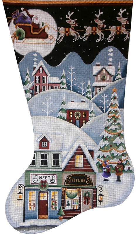 Sweet Shop Village Hand Painted Stocking Canvas from Rebecca Wood