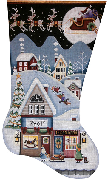 Toy Shop Village Hand Painted Stocking Canvas from Rebecca Wood 18 Count Canvas, Toe Right