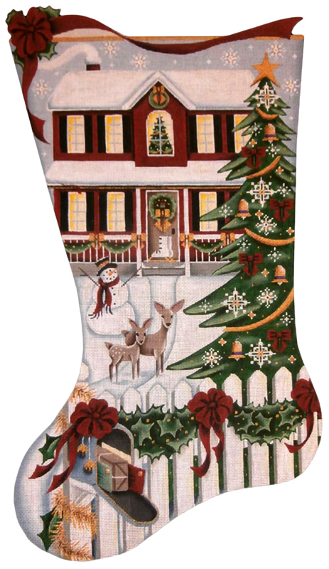 Christmas Day Red House Hand Painted Stocking Canvas from Rebecca Wood