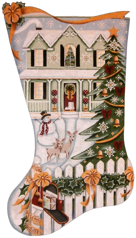 Christmas Day Green House Hand Painted Stocking Canvas from Rebecca Wood