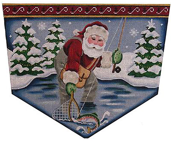 Fly Fishing Santa Hand Painted Stocking Topper Canvas from Rebecca Wood