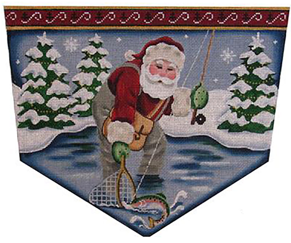 NeedlepointUS: Fly Fishing Santa Hand Painted Stocking Topper Canvas from  Rebecca Wood, Stocking Toppers, RW1478