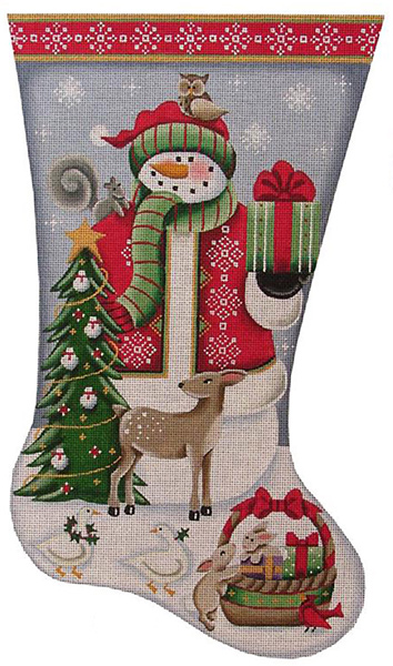 Forest Friends Snowman Hand Painted Stocking Canvas from Rebecca Wood