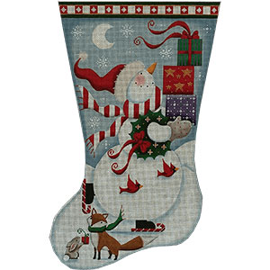 Skating Snowman Hand Painted Stocking Canvas from Rebecca Wood Designs
