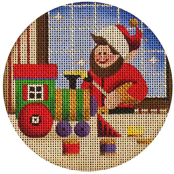 Toy Train Elf Hand Painted Christmas Ornament Canvas from Rebecca Wood