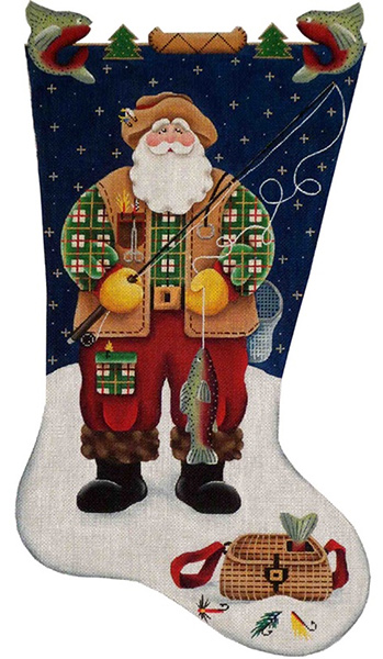 Fishing Santa Hand Painted Stocking Canvas from Rebecca Wood 13 Count Toe Right