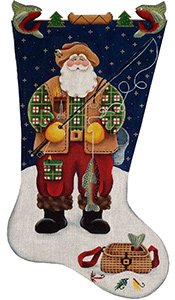 Fishing Santa Hand Painted Stocking Canvas from Rebecca Wood 13 Count Toe Right