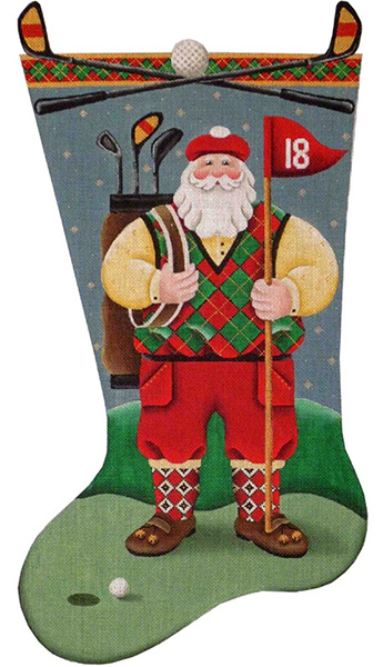 Golfing Santa Hand Painted Stocking Canvas from Rebecca Wood
