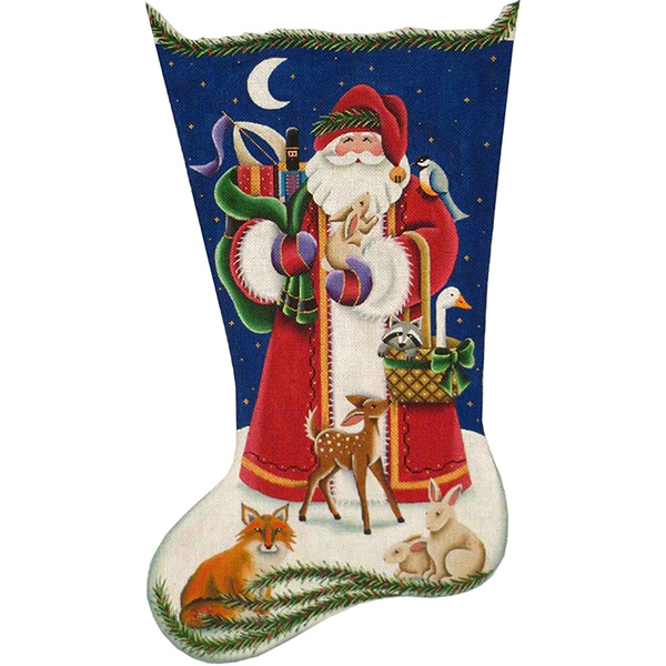 Woodland Santa Hand Painted Stocking Canvas from Rebecca Wood - 13 Count, Toe Left