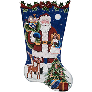 Angel Topper Santa Hand Painted Stocking Canvas from Rebecca Wood - 13 Count Canvas, Toe Right Only