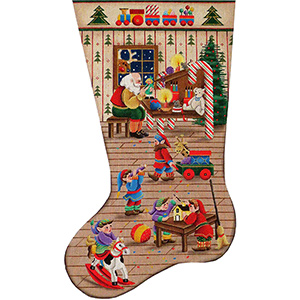 Santa's Workshop Hand Painted Stocking Canvas from Rebecca Wood