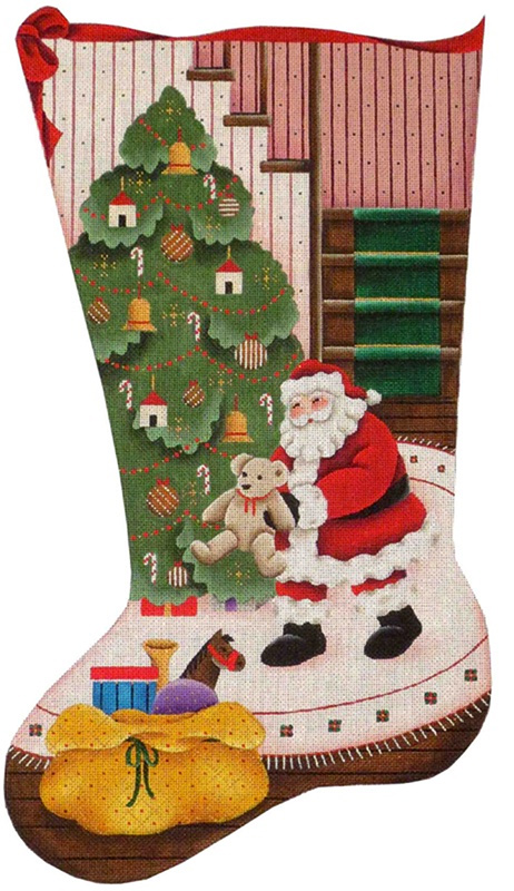 Teddy Bear Christmas Hand Painted Stocking Canvas from Rebecca Wood