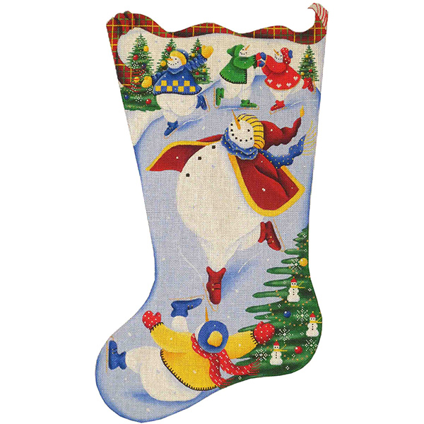 Skating Snowman Christmas Hand Painted Stocking Canvas from Rebecca Wood