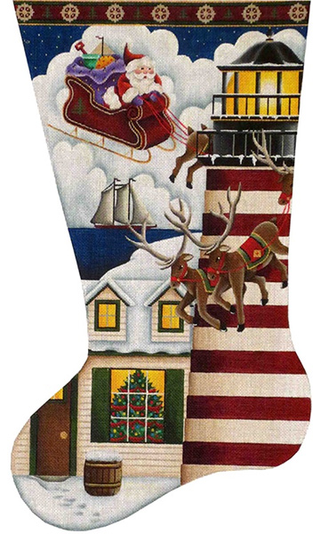 Lighthouse Christmas Hand Painted Stocking Canvas from Rebecca Wood