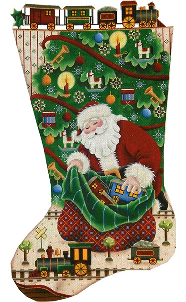 Trains for Christmas Hand Painted Stocking Canvas from Rebecca Wood