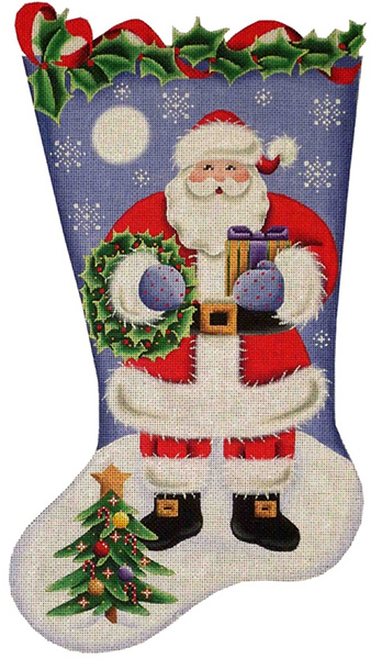 Wreath Santa Hand Painted Stocking Canvas from Rebecca Wood