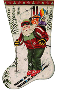 Skiing Santa Hand Painted Stocking Canvas from Rebecca Wood