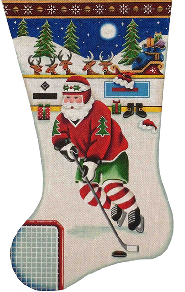 Hockey Santa Hand Painted Stocking Canvas from Rebecca Wood