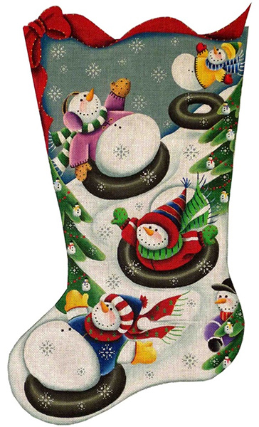 Tubing Snowmen Hand Painted Stocking Canvas from Rebecca Wood