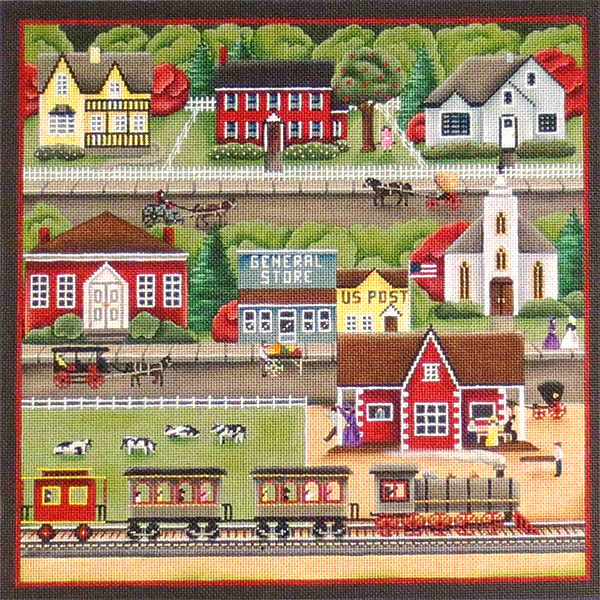 Train Station Village Scene Hand Painted Needlepoint Canvas from Rebecca Wood