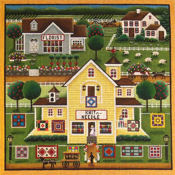 Stitchers Village Scene Hand Painted Needlepoint Canvas from Rebecca Wood