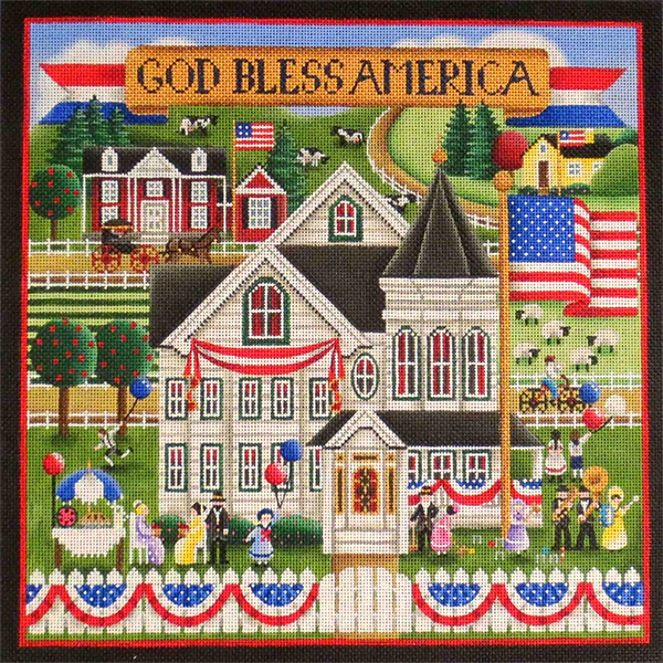 Patriotic Village Scene Hand Painted Needlepoint Canvas from Rebecca Wood