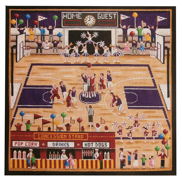 Basketball Court Scene Hand Painted Needlepoint Canvas from Rebecca Wood