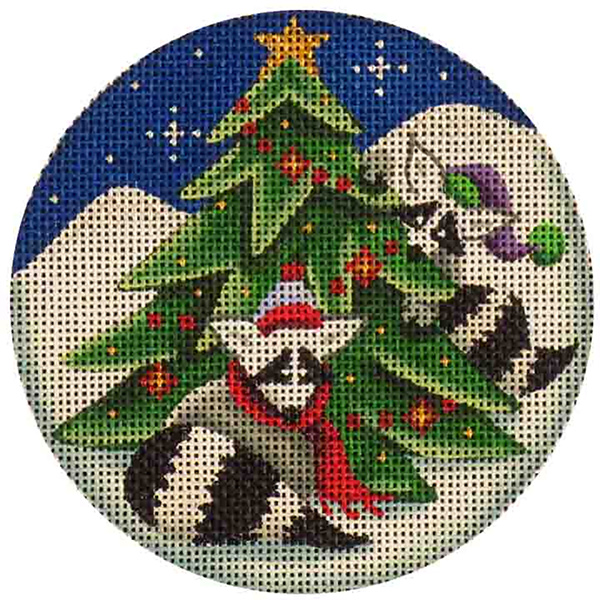 Raccoons Decorating - Hand Painted Christmas Ornament Canvas from Rebecca Wood