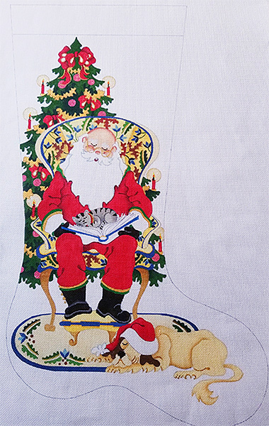 Santa in Gold Chair with Cat & Dog Hand-painted Christmas Stocking Canvas