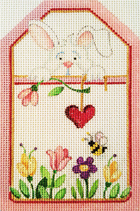 Bunny with Heart and Flowers Gift Tag Hand-painted Needlepoint Canvas