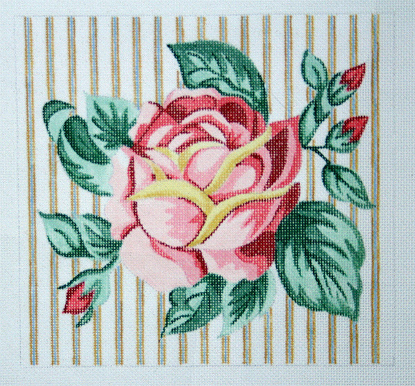 Rose on Ticking Hand Painted Needlepoint Pillow Canvas