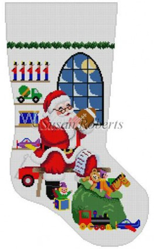 Susan Roberts Needlepoint Designs - Hand-painted Christmas Stocking - Santa Sitting in Front of Window (for a Boy) Stocking