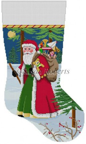Susan Roberts Needlepoint Designs - Hand-painted Christmas Stocking - Walking Stick Santa Stocking