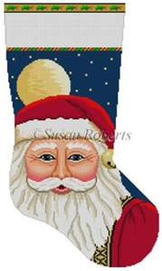 Susan Roberts Needlepoint Designs - Hand-painted Christmas Stocking - Santa Face with Moon Stocking