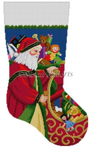 Susan Roberts Needlepoint Designs - Hand-painted Christmas Stocking - Santa at Sleigh Stocking