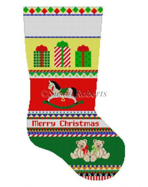 Susan Roberts Needlepoint Designs - Hand-painted Christmas Stocking - Bold Stripe Rocking Horse Stocking