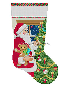 Susan Roberts Needlepoint Designs - Hand-painted Christmas Stocking - Santa and Ornament Tree Stocking