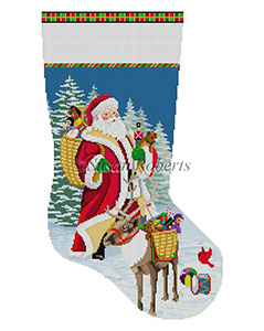 Susan Roberts Needlepoint Designs - Hand-painted Christmas Stocking - Santa, Reindeer & Basket of Toys Stocking