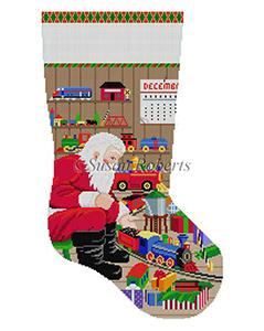 Susan Roberts Needlepoint Designs - Hand-painted Christmas Stocking - Santa & Trains Stocking