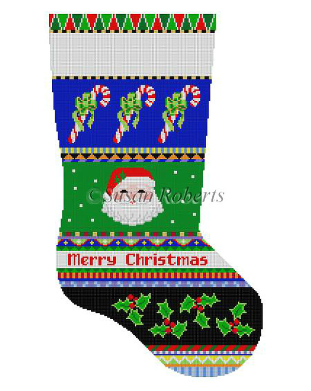 Susan Roberts Needlepoint Designs - Hand-painted Christmas Stocking - Bold Stripe Santa Face & Candy Canes Stocking