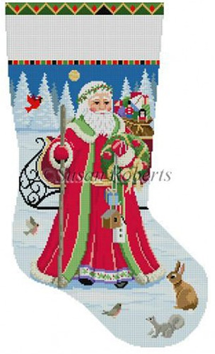 Susan Roberts Needlepoint Designs - Hand-painted Christmas Stocking - Santa Birdhouse Delivery Stocking