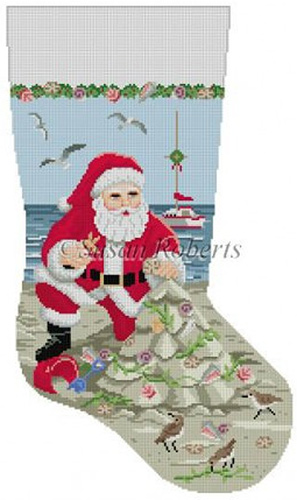 Susan Roberts Needlepoint Designs - Hand-painted Christmas Stocking - Santa and the Sandcastle Christmas Tree Stocking