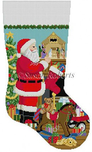 Susan Roberts Needlepoint Designs - Hand-painted Christmas Stocking - Santa and the Nativity Scene Stocking