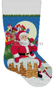 Susan Roberts Needlepoint Designs - Hand-painted Christmas Stocking - Santa, Down the Chimney for Boys Stocking