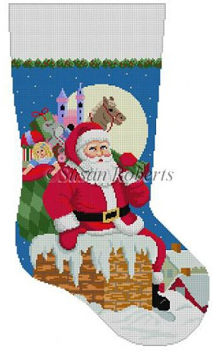 Susan Roberts Needlepoint Designs - Hand-painted Christmas Stocking - Santa, Down the Chimney for Girls Stocking
