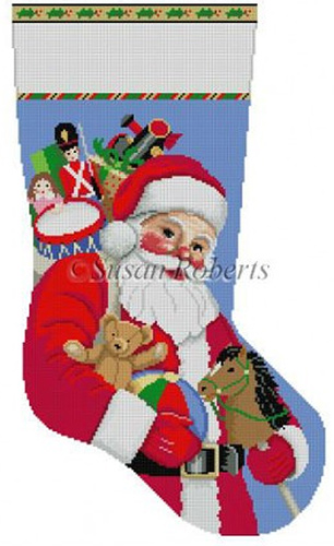 Susan Roberts Needlepoint Designs - Hand-painted Christmas Stocking - Santa Carrying Toys Stocking