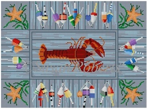 Susan Roberts Needlepoint Designs - Hand-painted Canvas - Lobster & Buoys