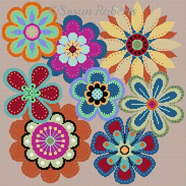 Susan Roberts Needlepoint Designs - Hand-painted Canvas -  Flowers Pop 18 Count